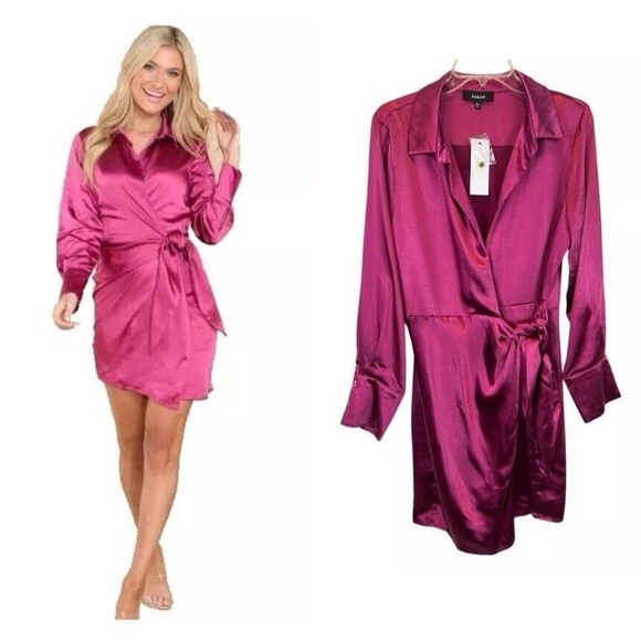 Aakaa Pink Satin For Me Satin Tie Wrap Dress  Women's XL  NWT  Cocktail Mini - Picture 1 of 14
